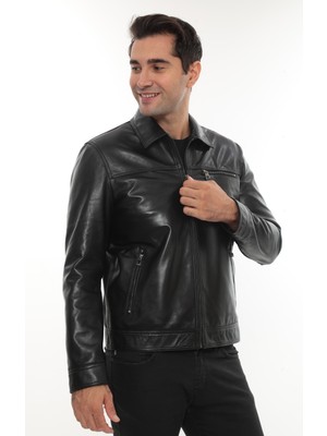 Deriburada Erkek Hakiki Deri Mont - Ravero, Gömlek Yaka ve Fermuarlı Cepler ile Şık Tasarım