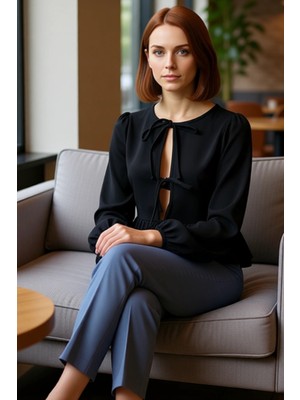 FRM Kadın Şık Regular Bisiklet Yaka Balon Kol Regular Kalıp Örme Bağlama Detaylı Normal Kalıp Esnek Bluz