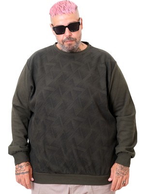 ModeXL Mode Xl Erkek Haki Bisiklet Yaka Sweatshirt Uzun Kol Desenli Günlük Stil