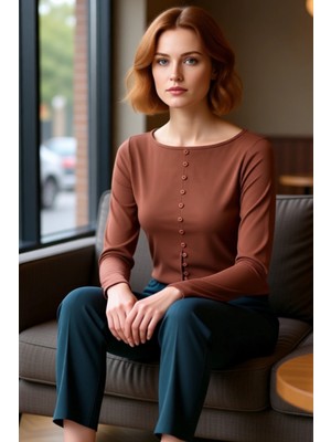 FRM Kadın Moda Şık Regular Bisiklet Yaka Fitted Kalıp Örme Düğme Detaylı Fitilli Esnek Boy Bluz