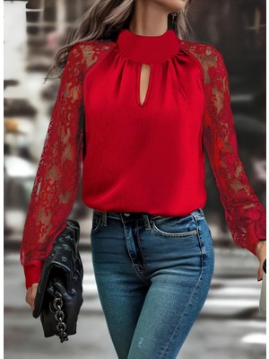 Arben Boutique Kadın Uzun Kollu Göğüs Pencere Detay Yaka Boğazlı Kolları Tüllü Sandy Bluz