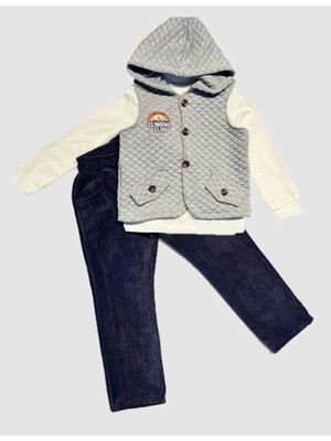 3-4-5 Yaş Fitilli Kadife Pantolon Kapitone Kapşonlu Yelek Uzun Kollu Sweat 3lü Erkek Çocuk Takımı