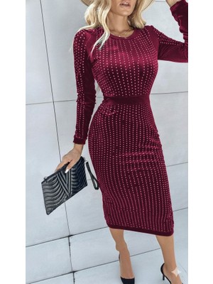 Ahes Shopping Kadın Uzun Kollu Bisiklet Yaka Taşlı Midi Kadife Elbise