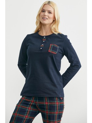 Sementa Düz Kombinli Ekose Pamuk  Pijama Takım - Lacivert