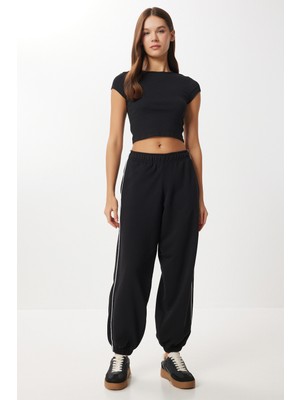 Happiness İstanbul Kontrast Şeritli Jogger Örme Eşofman Altı LUB0301 Siyah