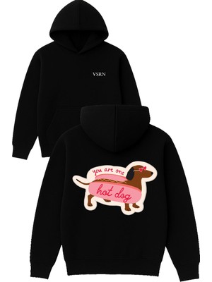 Vsrn You Are Ne Hotdog Tasarım Baskılı Oversize Siyah Kapüşonlu Sweatshirt