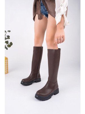 Homiro Fermuarlı Uzun Cilt Kadın Çizme Kahverengi Düz Topuklu Suni Deri Tasarım