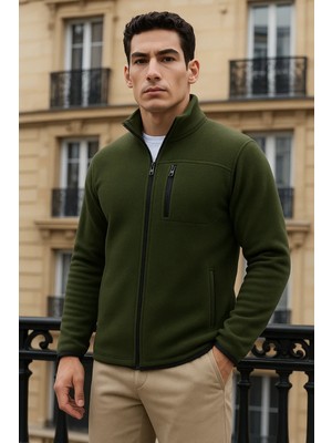 Comstar Erkek Kışlık Basic Fermuarlı Cepli Haki Polar Hırka