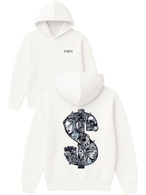 Vsrn Dolar Sembolü Tasarım Baskılı Oversize Beyaz Kapüşonlu Sweatshirt