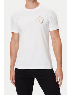 Versace Erkek Regular Fit Altın Rengi Varak Baskı Amblemli Bisiklet Yaka T-Shirt - Beyaz
