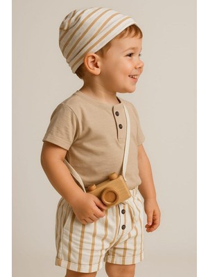 Dinamik çocuk Çizgili Şapkalı Düğme Detaylı Omuzdan Çıtçıtlı Yazlık Erkek Bebek Takımı