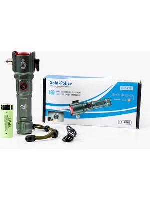 Gold Police GP-218 Profesyonel Acil Durum El Feneri | 30W – 3000 Lümen – 5000 Mah – Cam Kıracılı, Kemer Kesicili, Zoomlu & Type-C Şarjlı