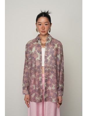 Orfeonegro Kadın Mint Renk Çiçek Desenli Oversize Kesim Gömlek