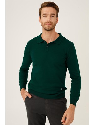 İGS Petrol Standart Fit Dar Kalıp Polo Yaka Düz Uzun Kollu  Triko