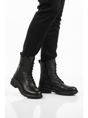 Aspor Siyah Hakiki Deri Fermuarlı Bağcık Detaylı Polarlı Kadın Topuklu Bot