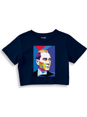 The Lucid Lab Atatürk Pop Art Crop Tişört - Lacivert