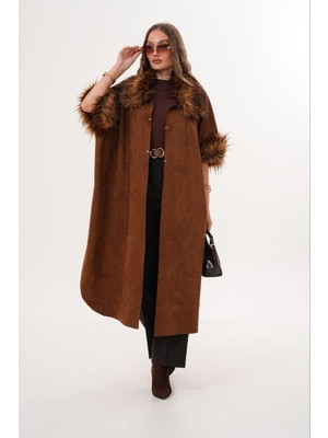 Akkaya Pazarlama Yaka ve Kol Detaylı  Süet 38 - 50 Beden Aralığı Giyilebilen Panço