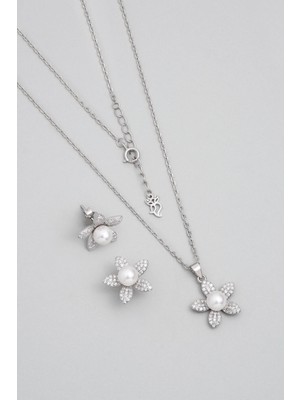 So CHIC İnci Çiçeği 18 Ayar Beyaz Altın Kaplama Gümüş Seti