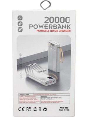 Arz -003 P.r.c 20000 Mah Taşınabilir Hızlı Şarj Cihazı  Type-C Beyaz Powerbank