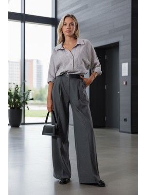 Ravencia Kadın Premium Kalite Kemerli Gri Palazzo Pantolon