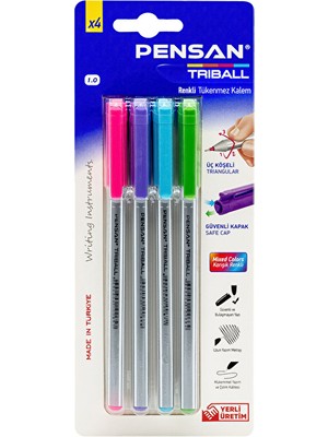 3 Adet  Pensan Triball Tükenmez Kalem Renkli 4'lü
