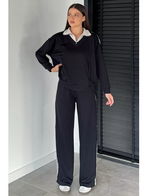 Gülseli Kadın Dik Yaka Yarım Fermuarlı Sweat Bel Lastikli Palazzo Pantolon Ikili Takım P-00018947
