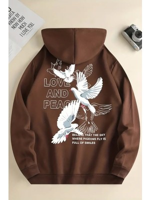 Love And Peace Baskılı Oversize Sweatshirt Bej L