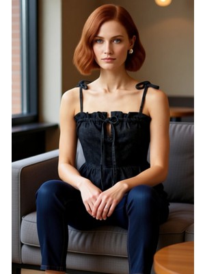 FRM Kadın Denim Bluz Kare Yaka Ince Askılı Volanlı Detaylı Kaliteli Şık Rahat Modern Zarif Günlük