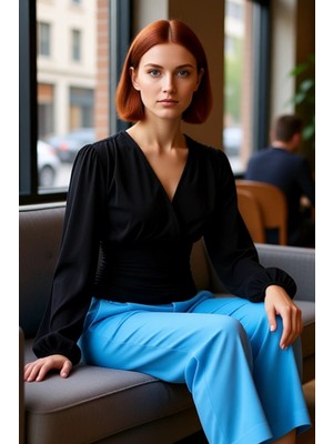FRM Kadın Moda Şık Regular Kruvaze Yaka Balon Kol Slim Kalıp Örme Büzgü Drape Detaylı Kollu Esnek Bluz