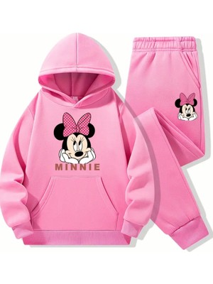 Punix Kids Punıx Kıds Özel Tasarım Kapüşonlu Pembe Kurdeleli Minnie Baskılı %100 Pamuk Kışlık Kız Çocuk Eşofman Takımı