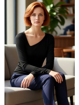 FRM Kadın Uzun Kollu Vücuda Oturan Asimetrik Yaka Örme Üst Kaliteli Şık Rahat Modern Zarif Günlük