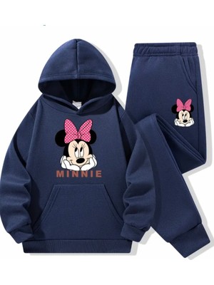 Punix Kids Punıx Kıds Özel Tasarım Kapüşonlu Pembe Kurdeleli Minnie Baskılı %100 Pamuk Kışlık Kız Çocuk Eşofman Takımı
