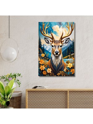 Gaagart Tekli Dikey Kanvas Tablo Çiçekler ve Manzarada Geyik