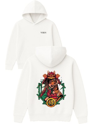 Vsrn Japon Kaplan Tasarım Baskılı Oversize Beyaz Kapüşonlu Sweatshirt