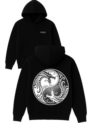 Vsrn Samuray Ejderhaları Tasarım Baskılı Oversize Siyah Kapüşonlu Sweatshirt