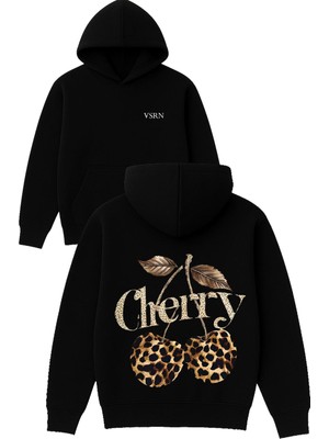 Vsrn Leopar Cherry Tasarım Baskılı Oversize Siyah Kapüşonlu Sweatshirt