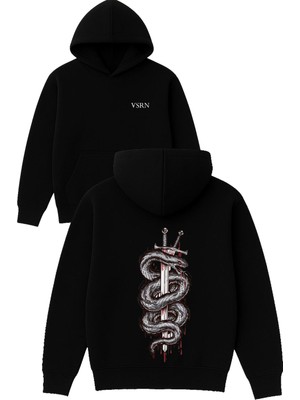 Vsrn Kılıc Yılan Tasarım Baskılı Oversize Siyah Kapüşonlu Sweatshirt