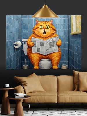 Artmeg Kedi Tuvalette Gazete Okuyor Dekoratif Kanvas - Mdf Ahşap Tablo