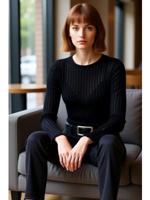 FRM Kadın Moda Şık Regular Bisiklet Yaka Regular Kalıp Örme Transparan Triko Görünümlü Kumaş Boy Bluz