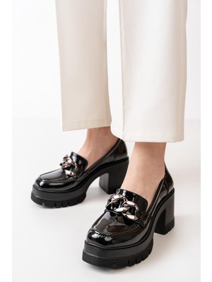 Asmi Shoes Kadın Loafer Ayakkabı Siyah Suni Deri Kalın Tabanlı Ortopedik 8 cm Topuklu