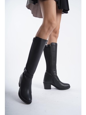 Asmi Shoes Kadın Virona Tokalı Dalgıç Kumaş Çizme Siyah Suni Deri Kalın Topuklu Tasarım