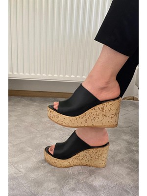 Asmi Shoes Kadın Limo Siyah Dolgulu Mantar Taban Terlik 10 cm  Siyah