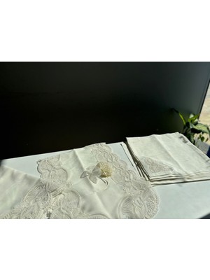 Eces Desing Eces Design Kelebek 12 Kişilik 26 Parça Fransız Dantelli Çeyizlik Yemek Masa Örtüsü Seti Runner Takımı