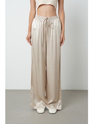 Orfeonegro Kadın Açık Bej Düz %100 Viskoz Bol Paça Beli Lastikli Pantolon