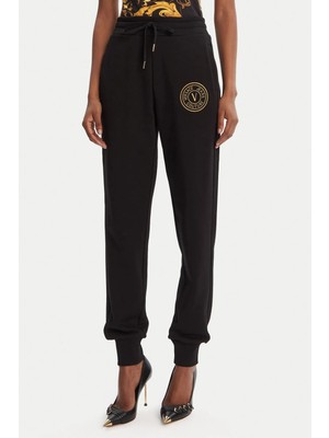 Versace Kadın Regular Fit Nakışlı V Amblemli Paçası Lastikli Eşofman Altı - Siyah/altın Sarısı