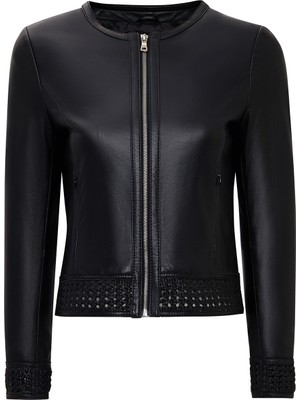 Derimod Becky Kadın Siyah Örgü Detaylı Kısa Deri Ceket 25WGE56121M