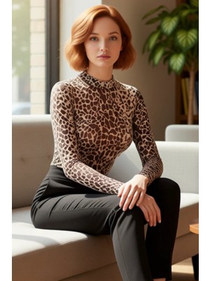 FRM Kadın Şık Regular Dik Yaka Slim Kalıp Örme Siyah Çiçek Baskılı Fitted Vücuda Oturan Tül Esnek Bluz