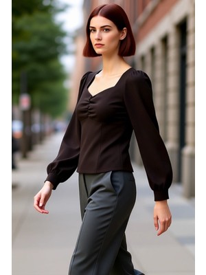 PayBuy Kadın Kalp Yaka Büzgülü Dokuma Bluz Uzun Kollu ve Fermuarlı Tasarım Kaliteli Şık Rahat