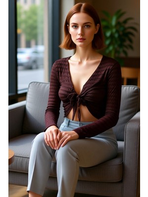 FRM Moda V Yaka Örme Regular Düz Desen Casual Günlük Regular Uzun Kol Bluz