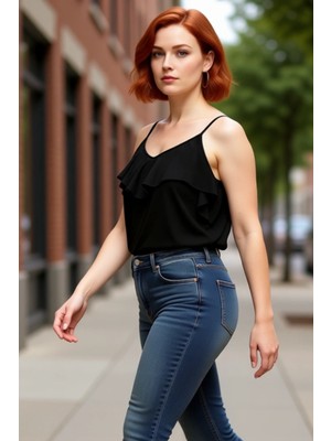 PayBuy Kadın Büyük Beden V Yaka Ince Askılı Dokuma Volanlı Bluz Günlük Cool Comfort Tarzı Için Ideal